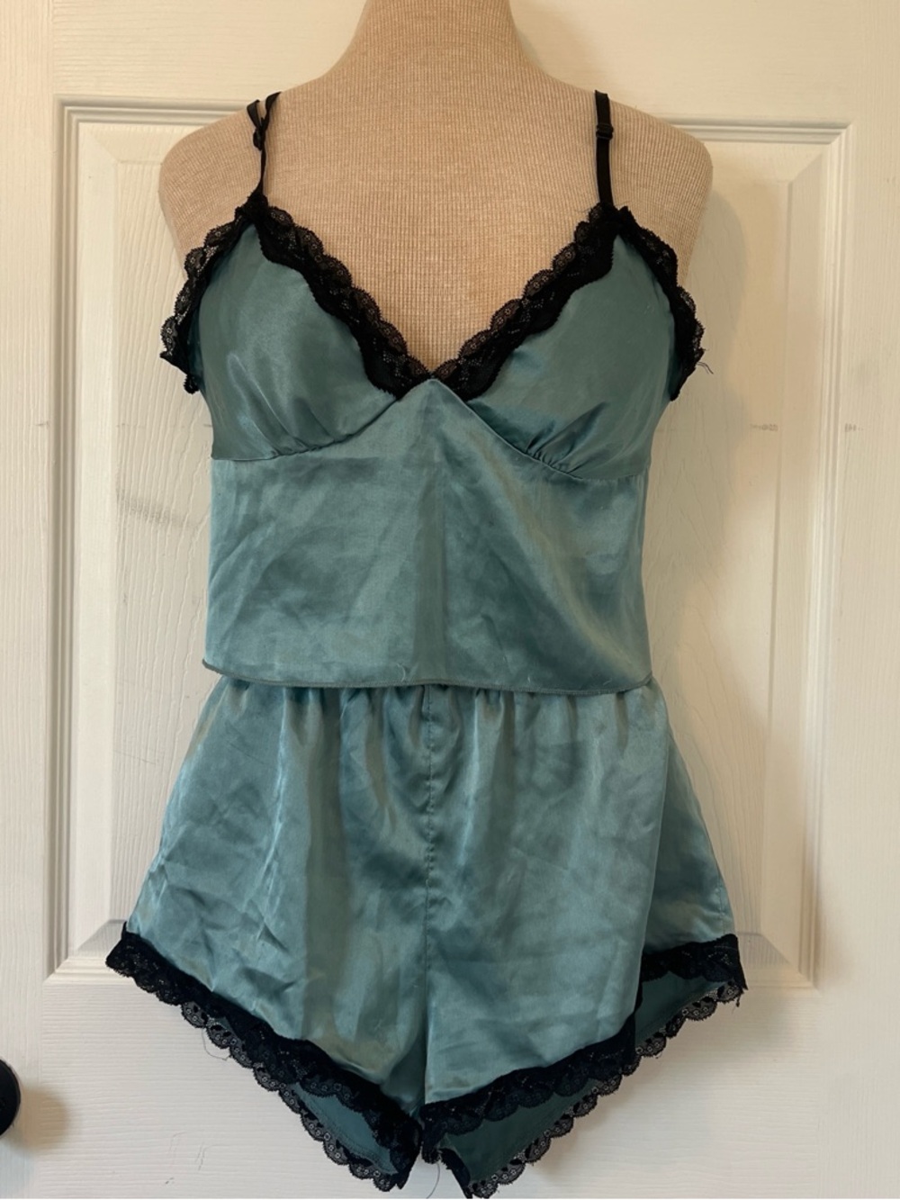 Silky Lace-Trim Cami & Short Set in Teal